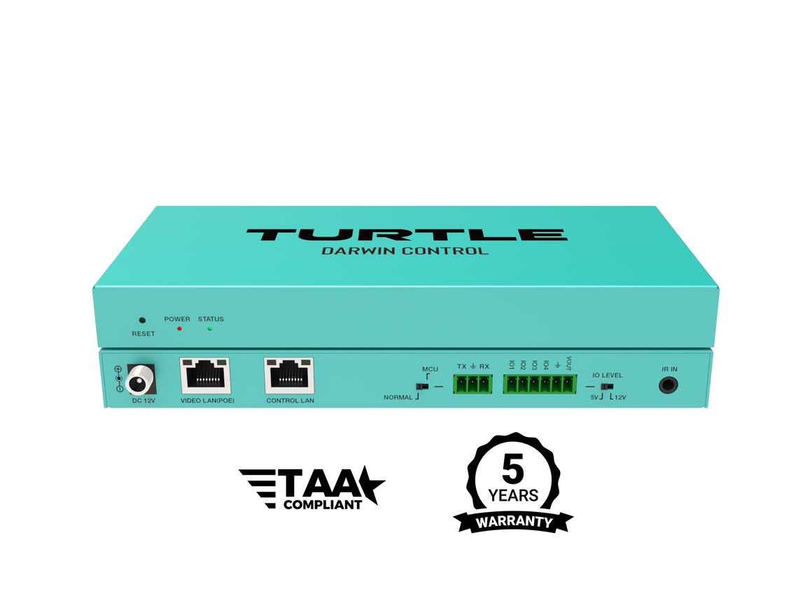 Turquoise electronic device with 'Turtle Darwin Control' branding on a white background