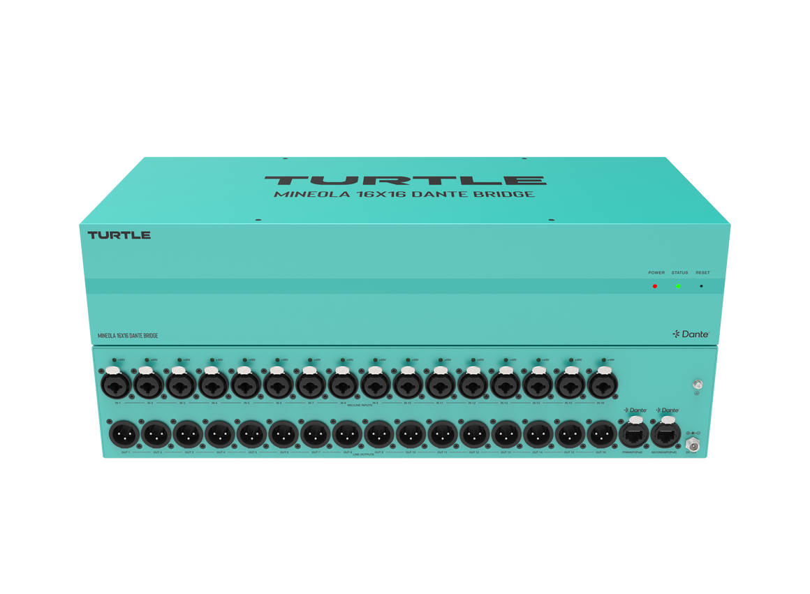 Teal audio equipment with multiple jacks on a white background