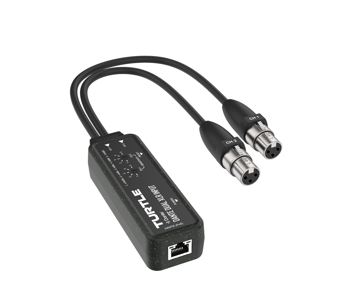 Turtle audio adapter with two XLR cables on a white background