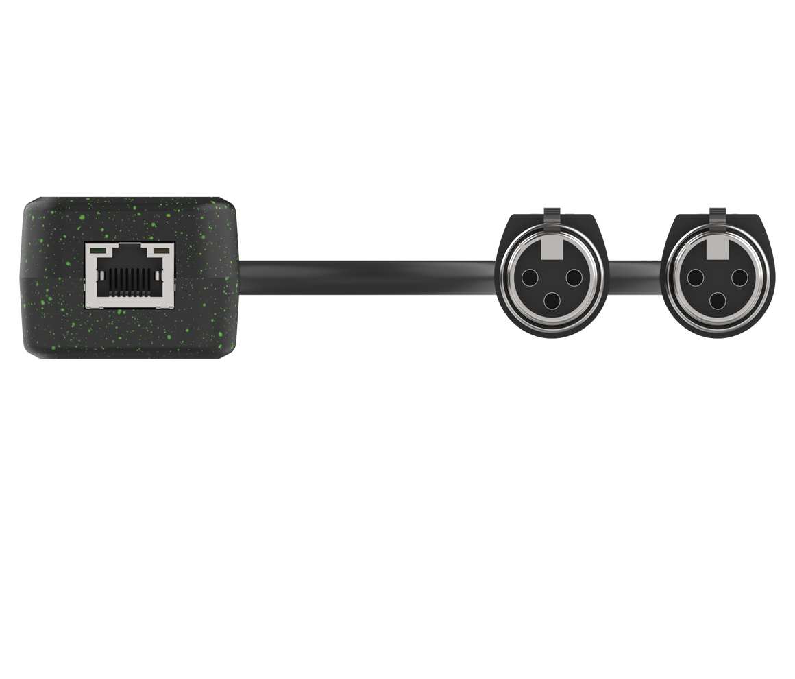 Black audio interface with Ethernet and XLR connectors on a white background
