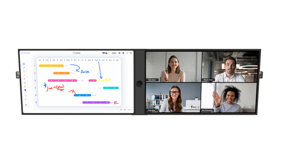 Video conference call with four participants and a whiteboard with colorful annotations on a computer screen.
