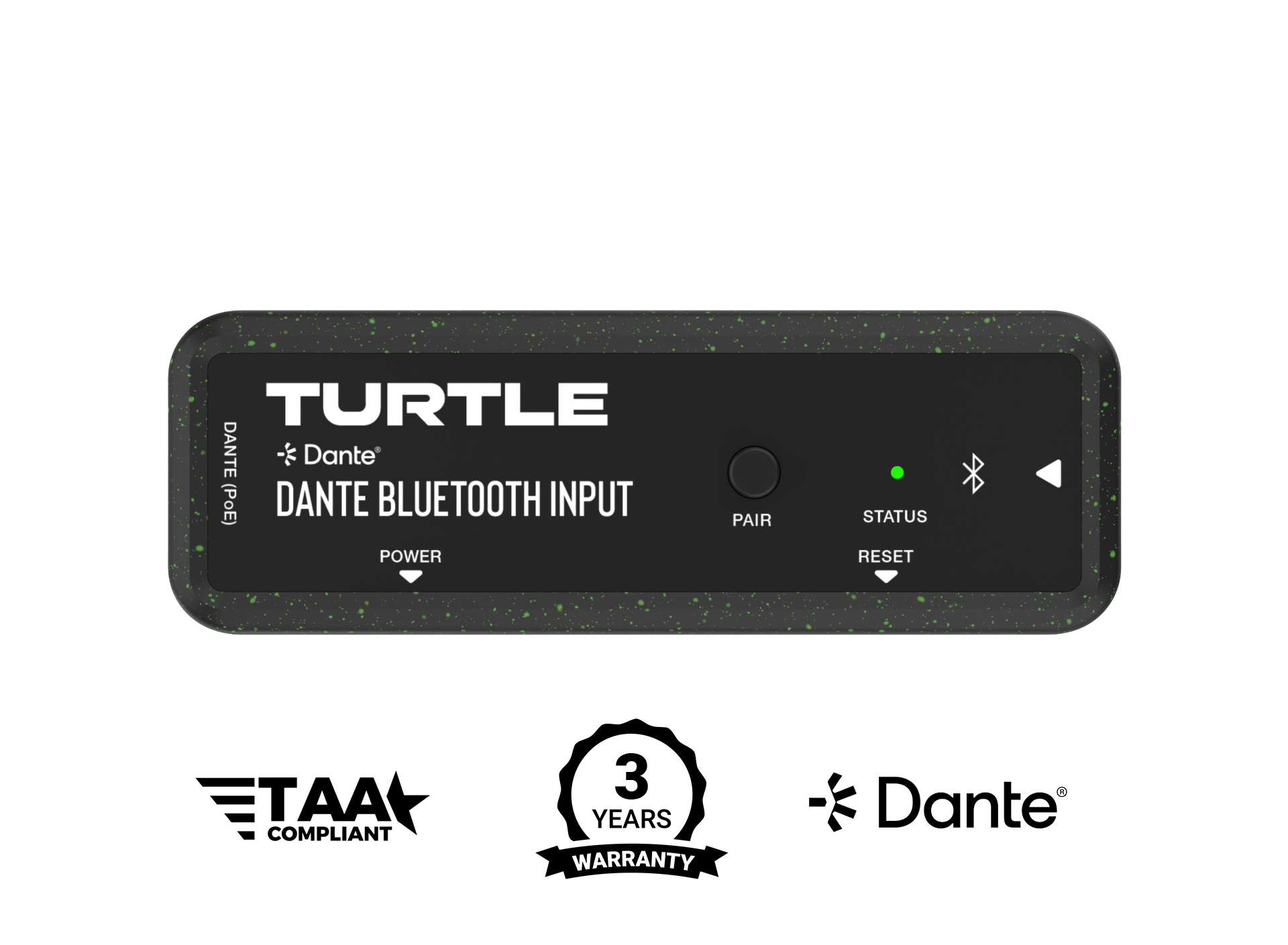 Turtle Dante Bluetooth input device with branding and certification logos on a white background