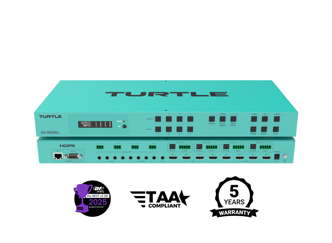 Teal electronic device with 'Turtle' branding on a white background, featuring certification logos and warranty information.
