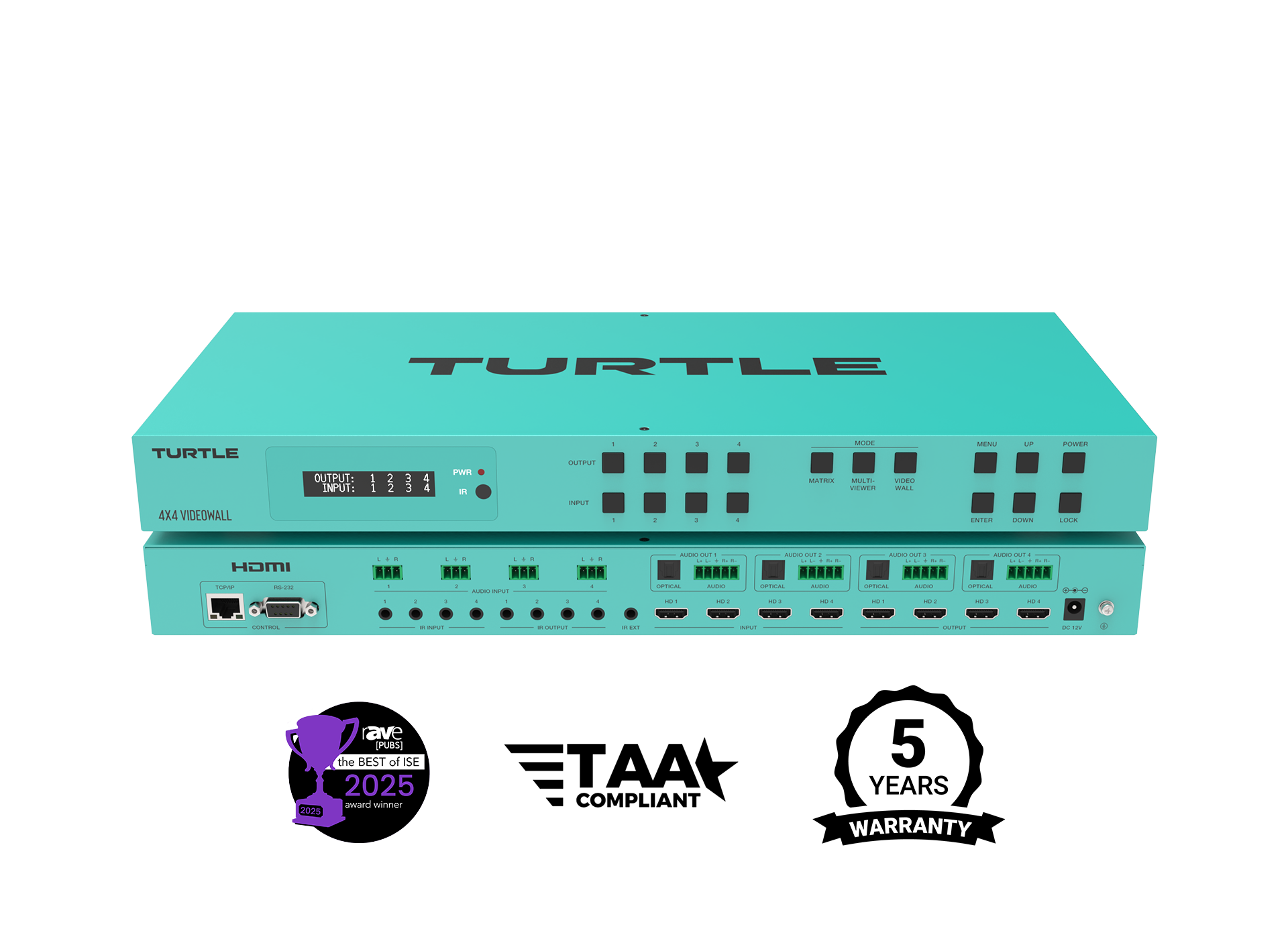 Teal electronic device with 'Turtle' branding on a white background, featuring certification logos and warranty information.