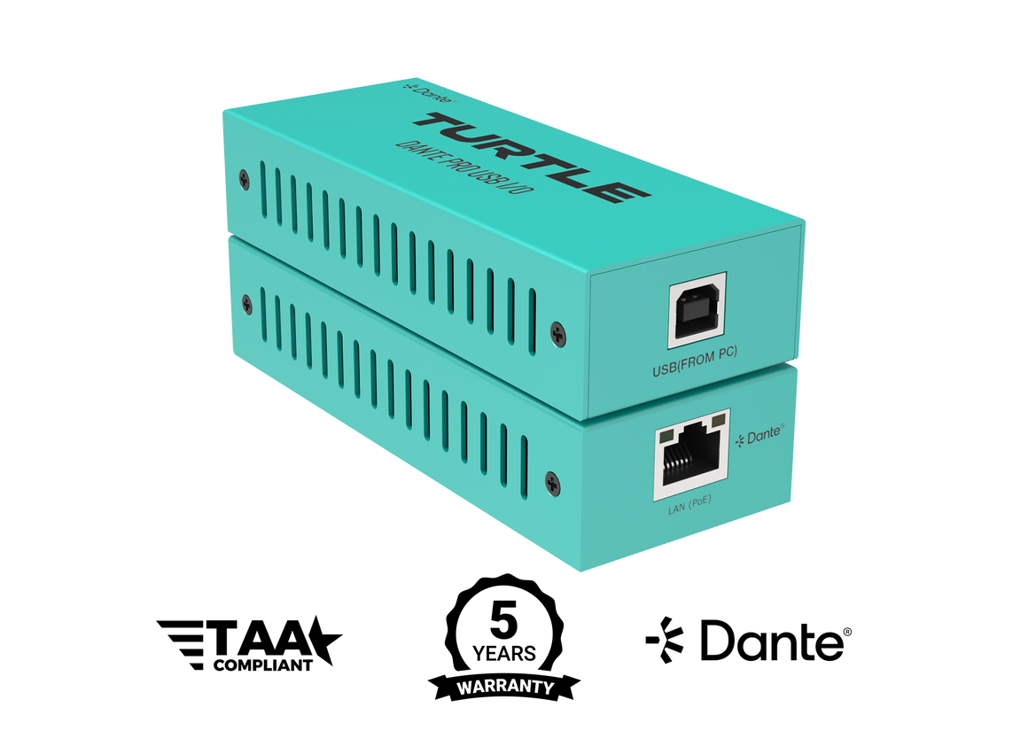 Turquoise electronic device with labels for TAA compliance, 5-year warranty, and Dante certification on a white background.