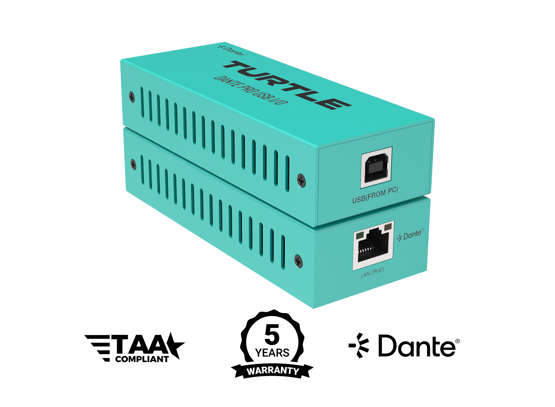 Turquoise electronic device with labels for TAA compliance, 5-year warranty, and Dante certification on a white background.