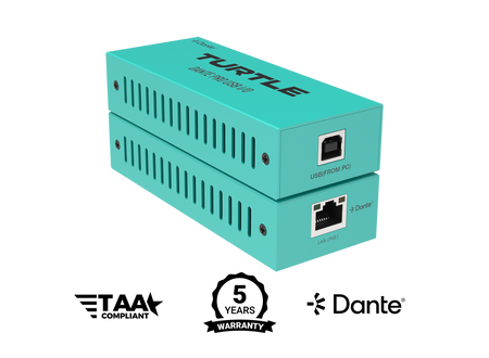 Turquoise electronic device with labels for TAA compliance, 5-year warranty, and Dante certification on a white background.