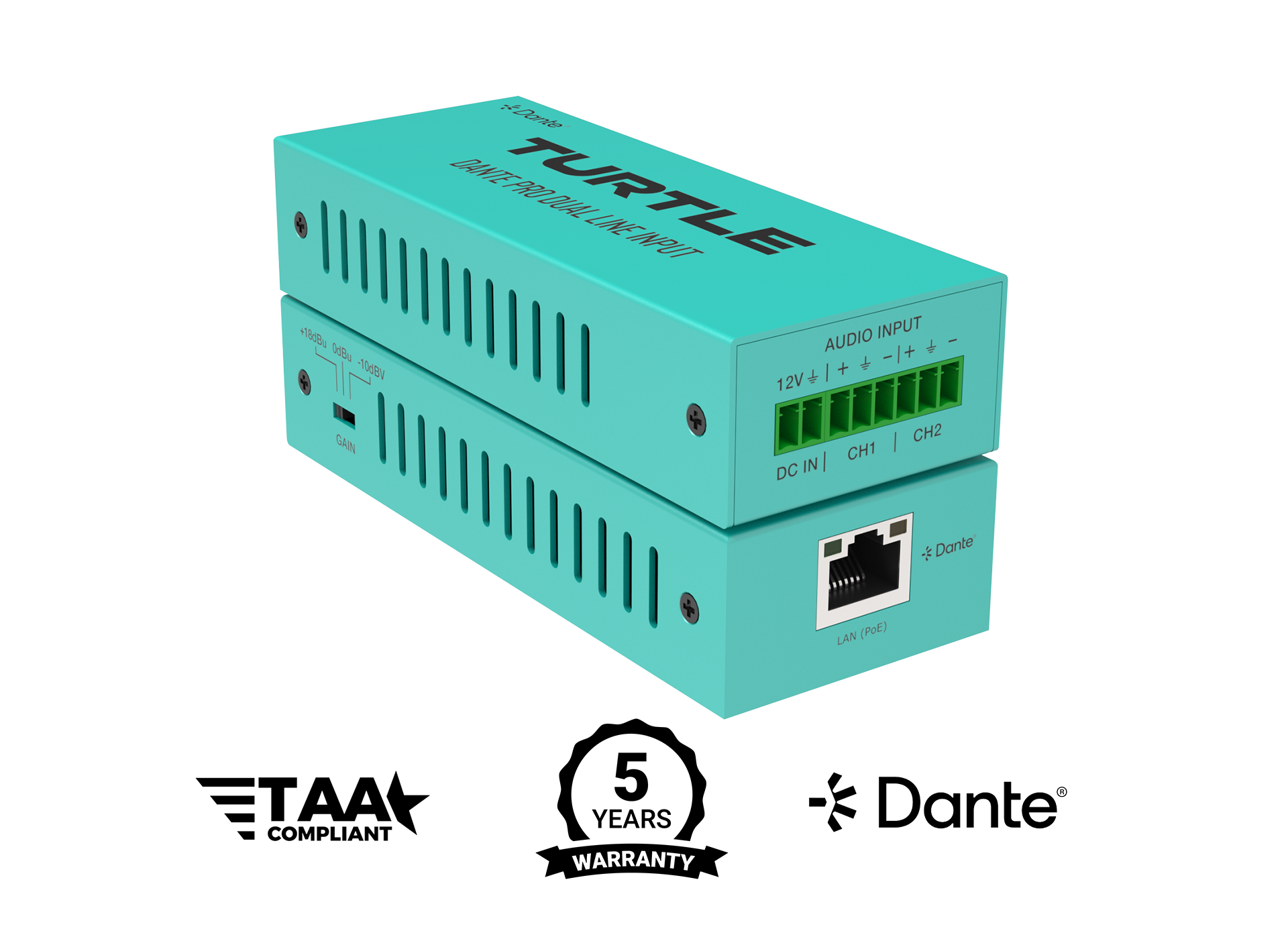 Turquoise electronic device with branding and certification logos on a white background