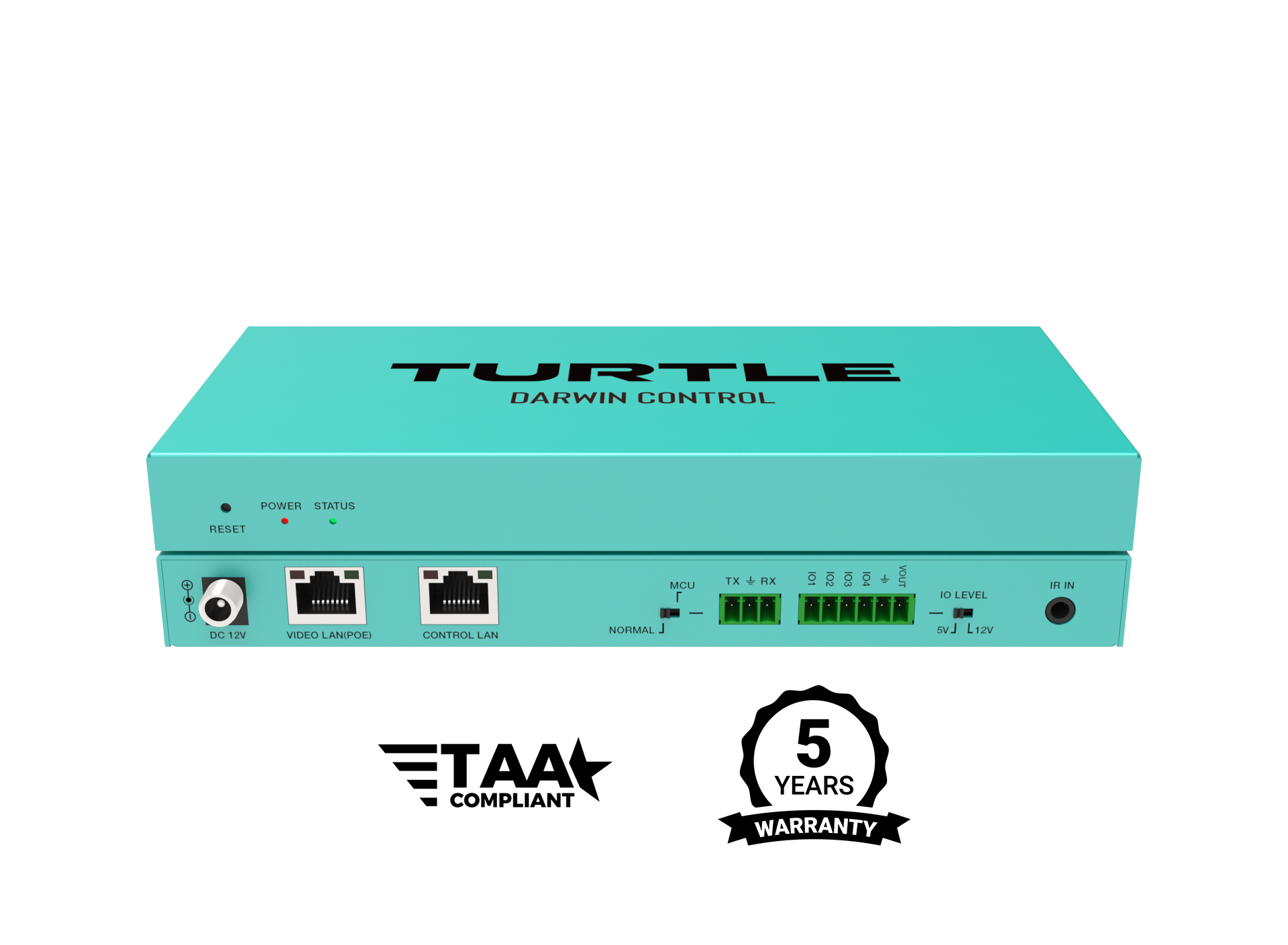 Turquoise electronic device with 'Turtle Darwin Control' branding on a white background