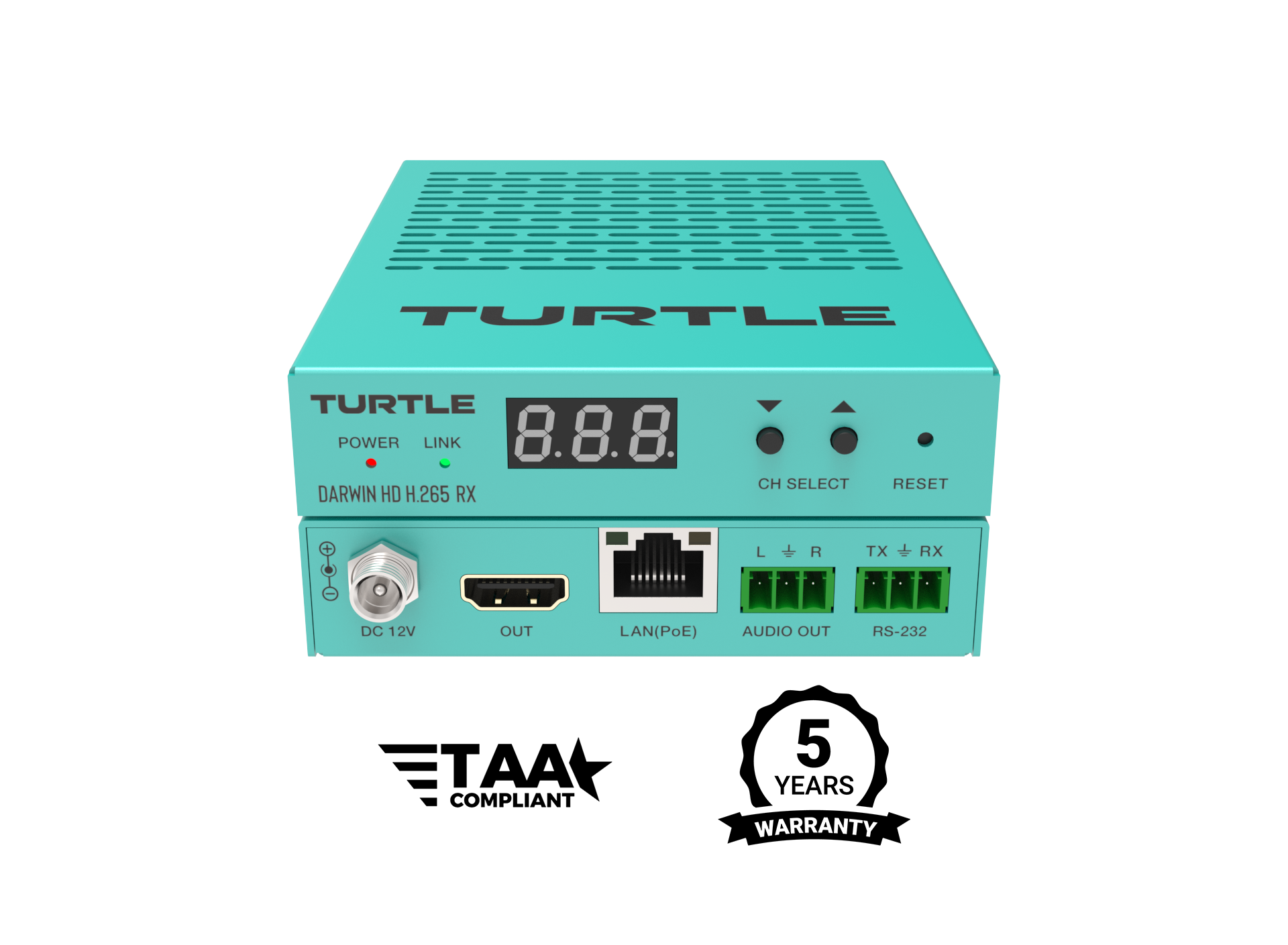 Turquoise electronic device with 'Turtle' branding on a white background