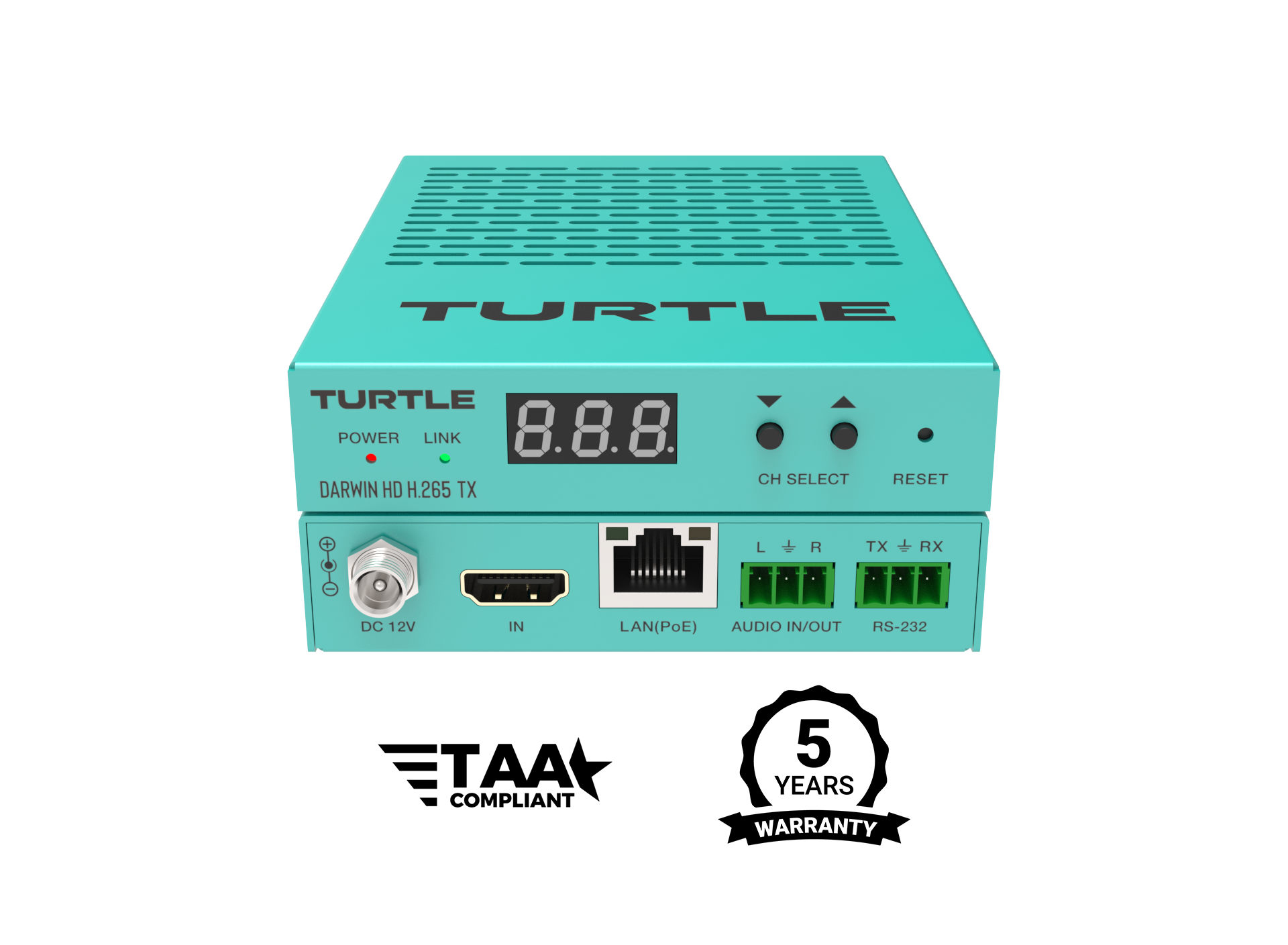 Turquoise electronic device with 'Turtle' branding on a white background