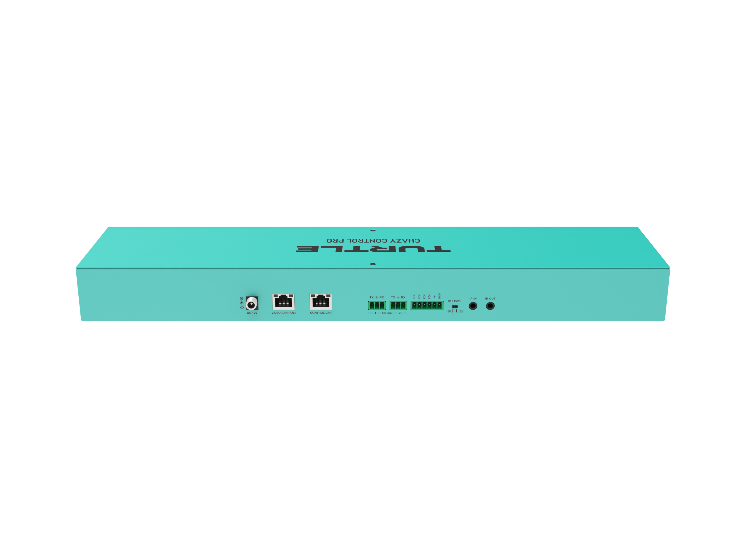 Teal electronic device with ports on a white background