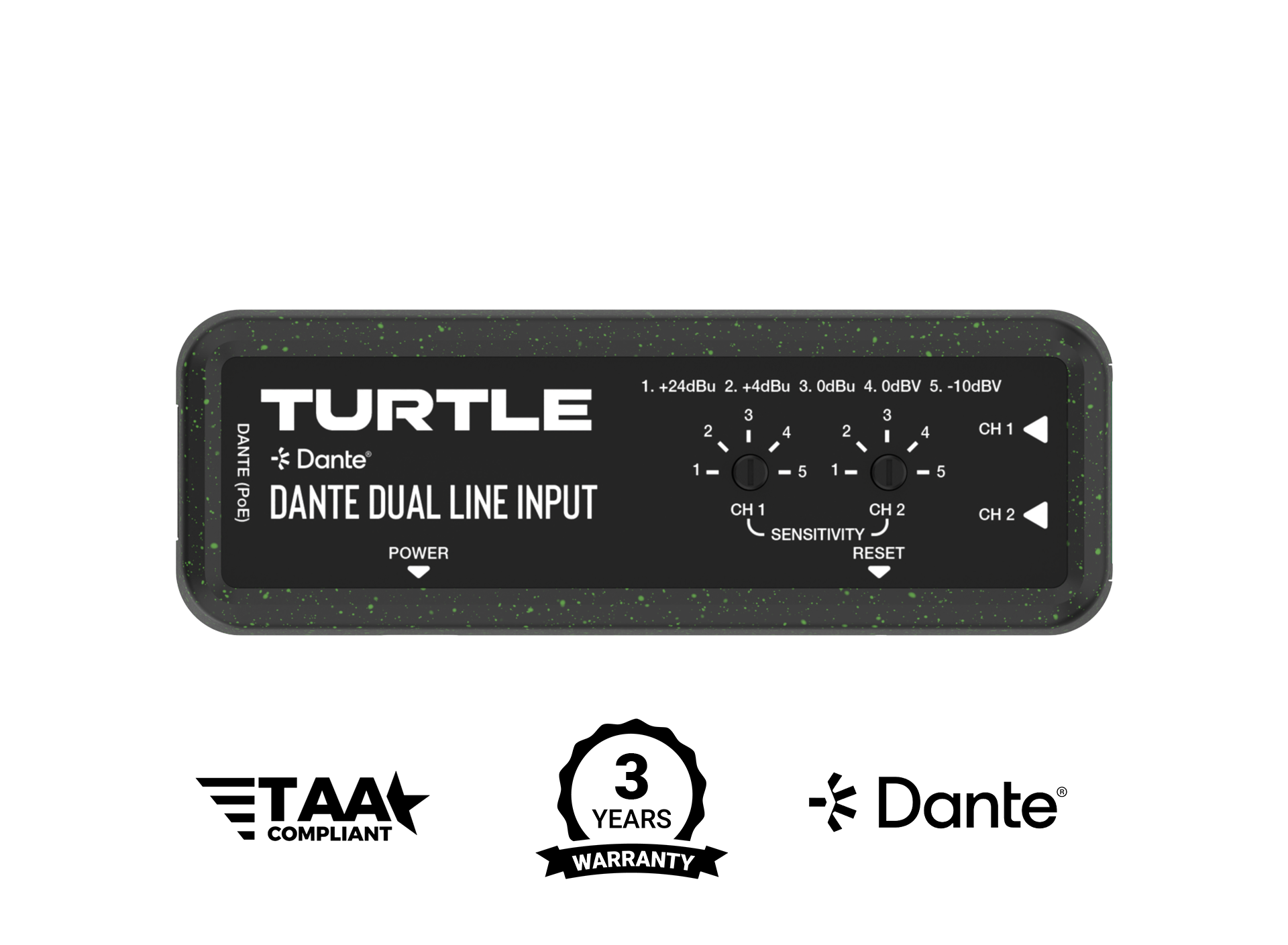 Turtle AV Dante 2CH Analog Line Input Adapter with Gain Controls