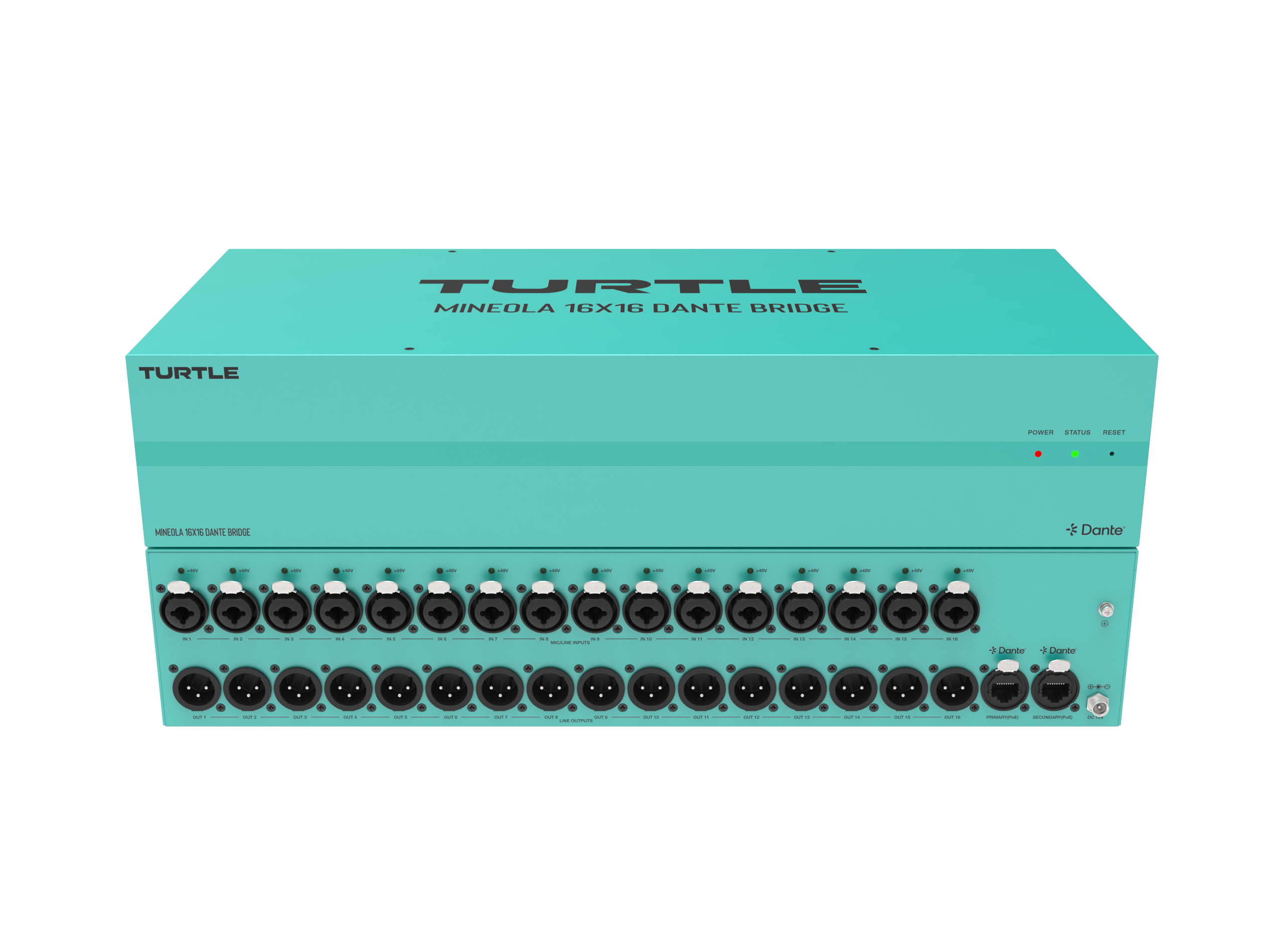 Teal audio equipment with multiple jacks on a white background