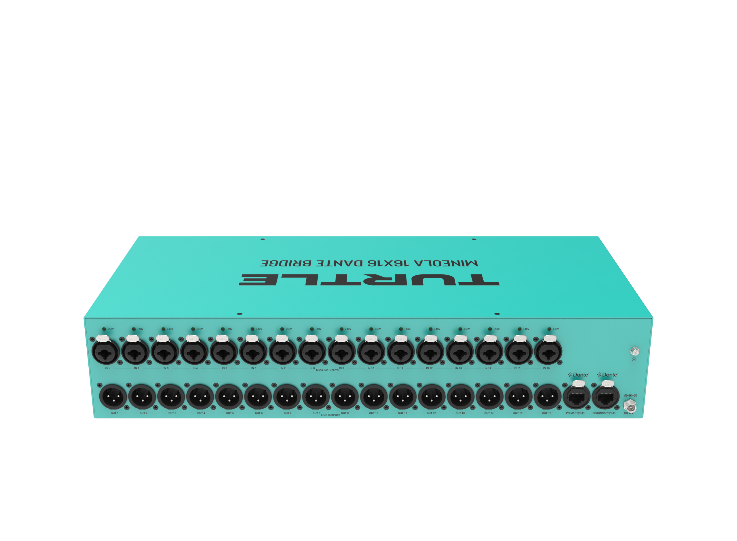 Teal electronic device with multiple ports on a white background