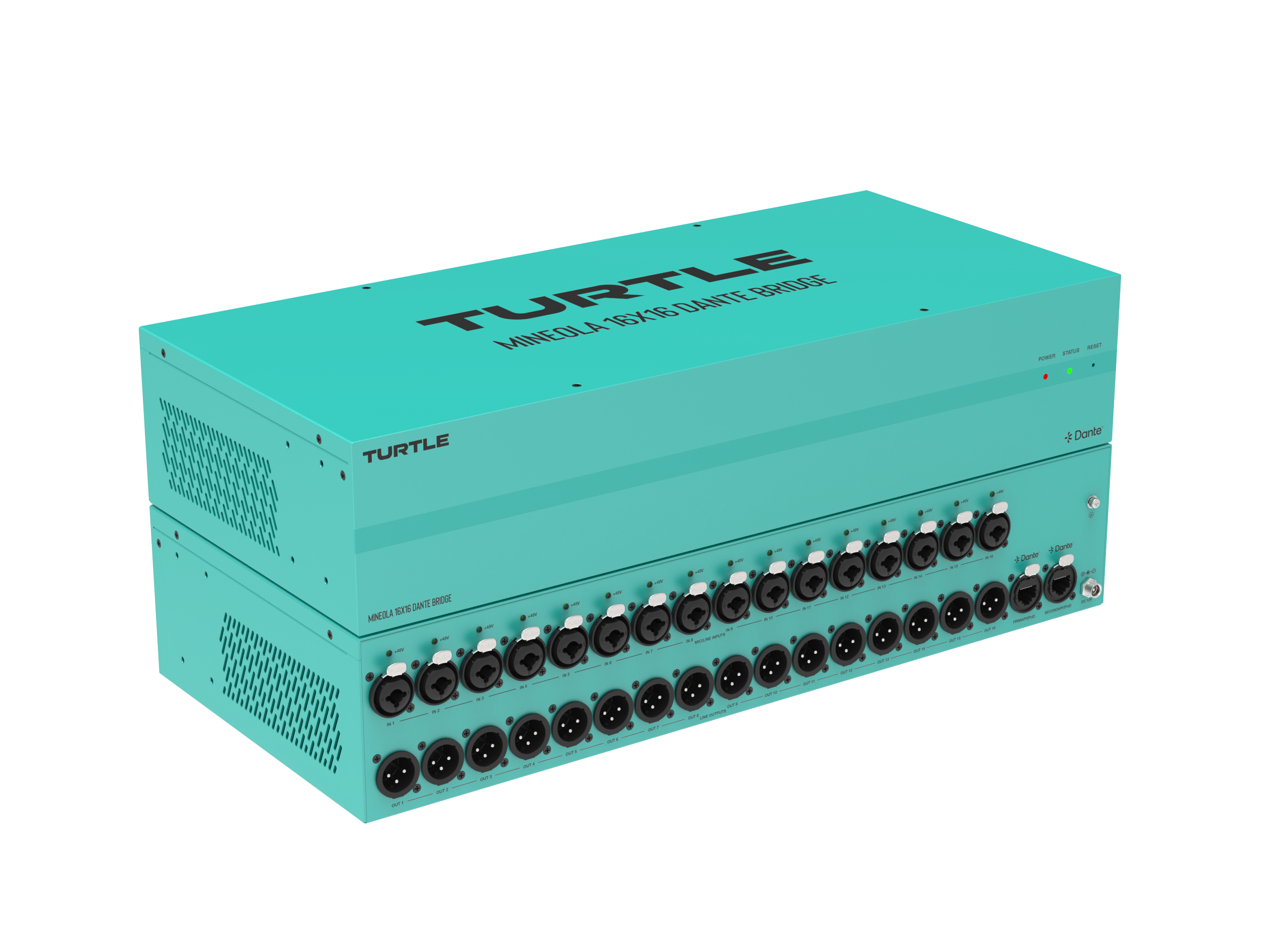 Turquoise electronic device with multiple connectors on a white background