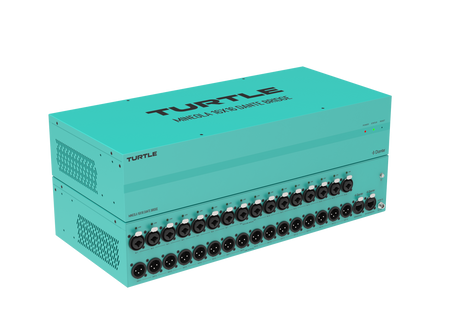 Turquoise electronic device with multiple connectors on a white background