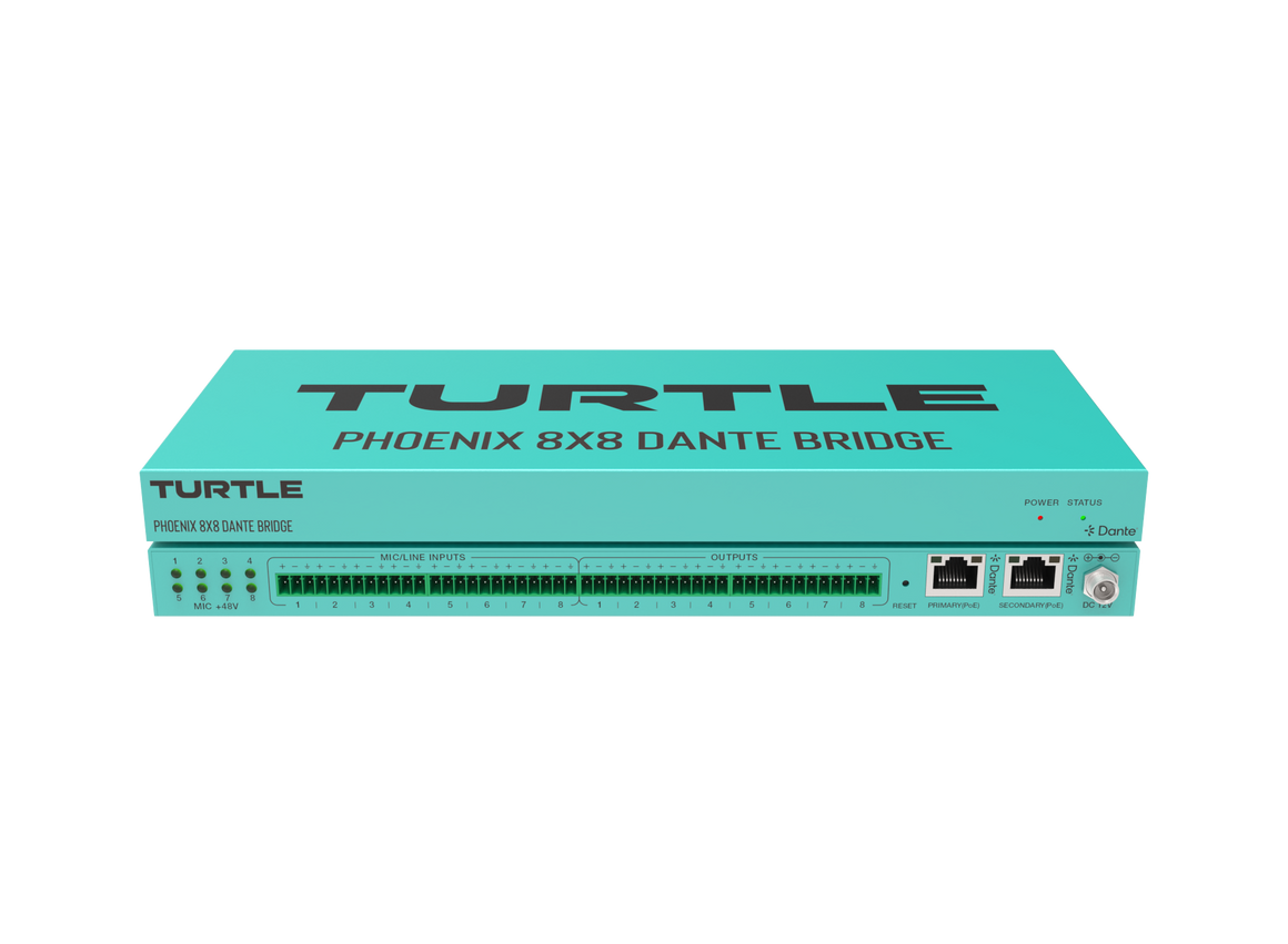 Turquoise device labeled 'Turtle Phoenix 8x8 Dante Bridge' on a white background