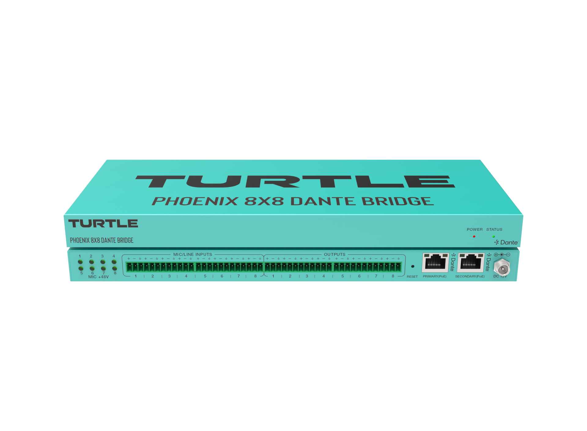 Turquoise device labeled 'Turtle Phoenix 8x8 Dante Bridge' on a white background