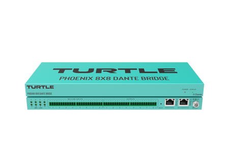 Turquoise device labeled 'Turtle Phoenix 8x8 Dante Bridge' on a white background