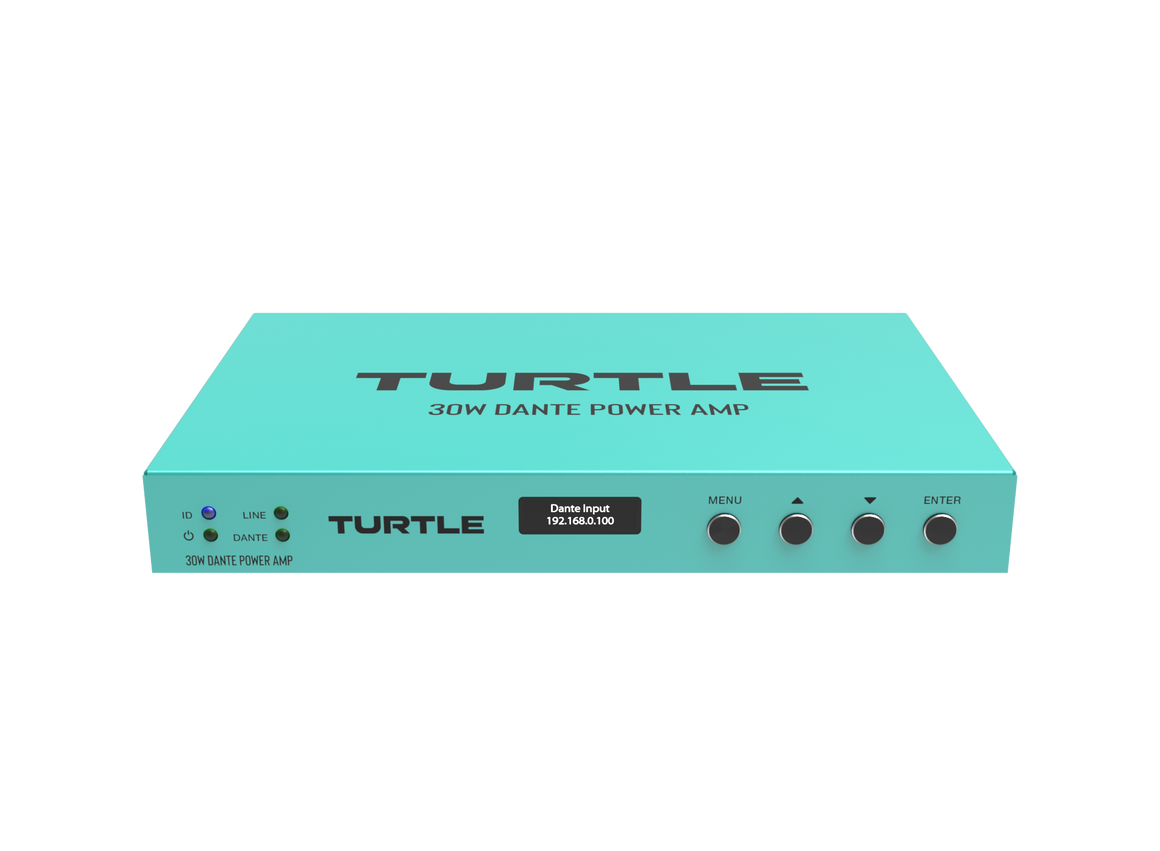 Turquoise power amp with 'Turtle' branding on a white background