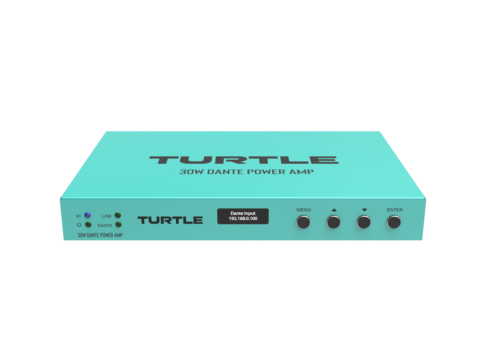 Turquoise power amp with 'Turtle' branding on a white background