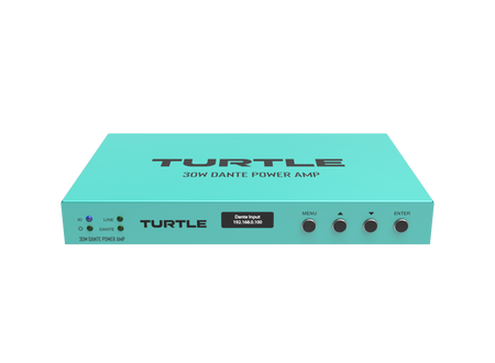 Turquoise power amp with 'Turtle' branding on a white background