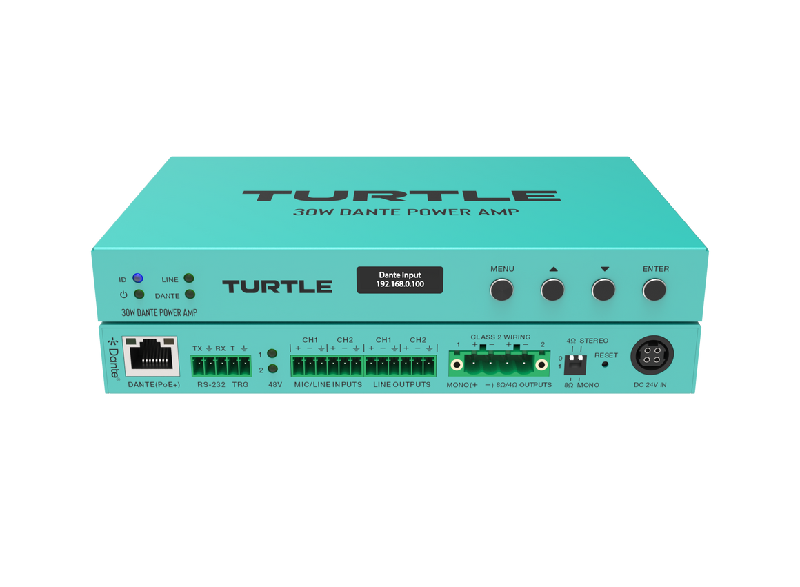 Turquoise power amp with 'Turtle' branding on a white background