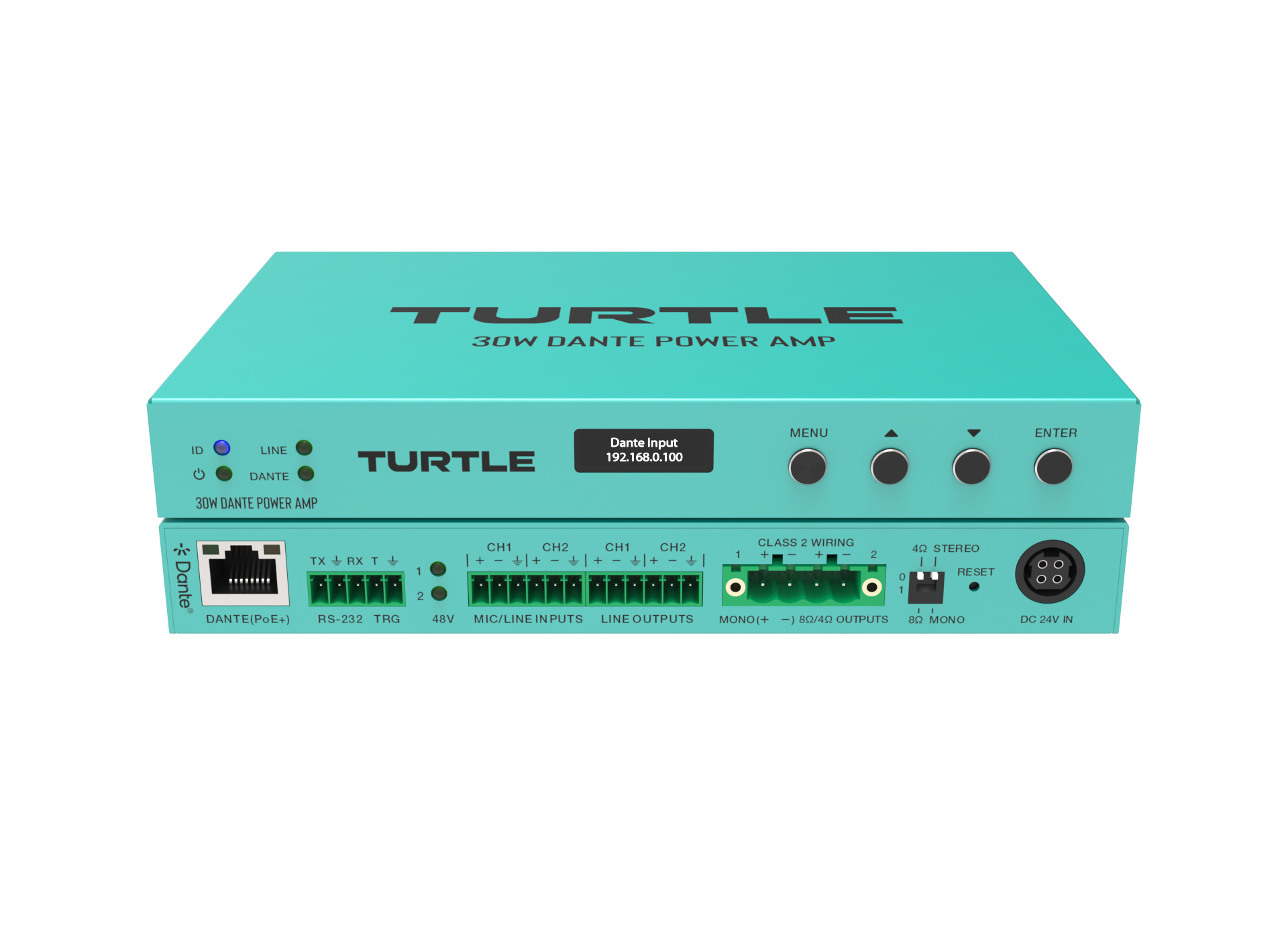 Turquoise power amp with 'Turtle' branding on a white background