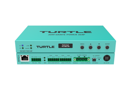 Turquoise power amp with 'Turtle' branding on a white background