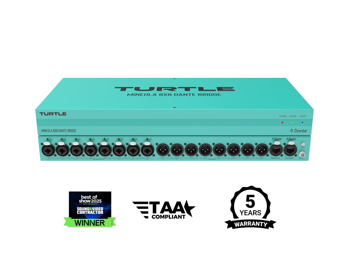 Teal audio equipment with multiple connectors on a white background, featuring the brand 'Turtle'.