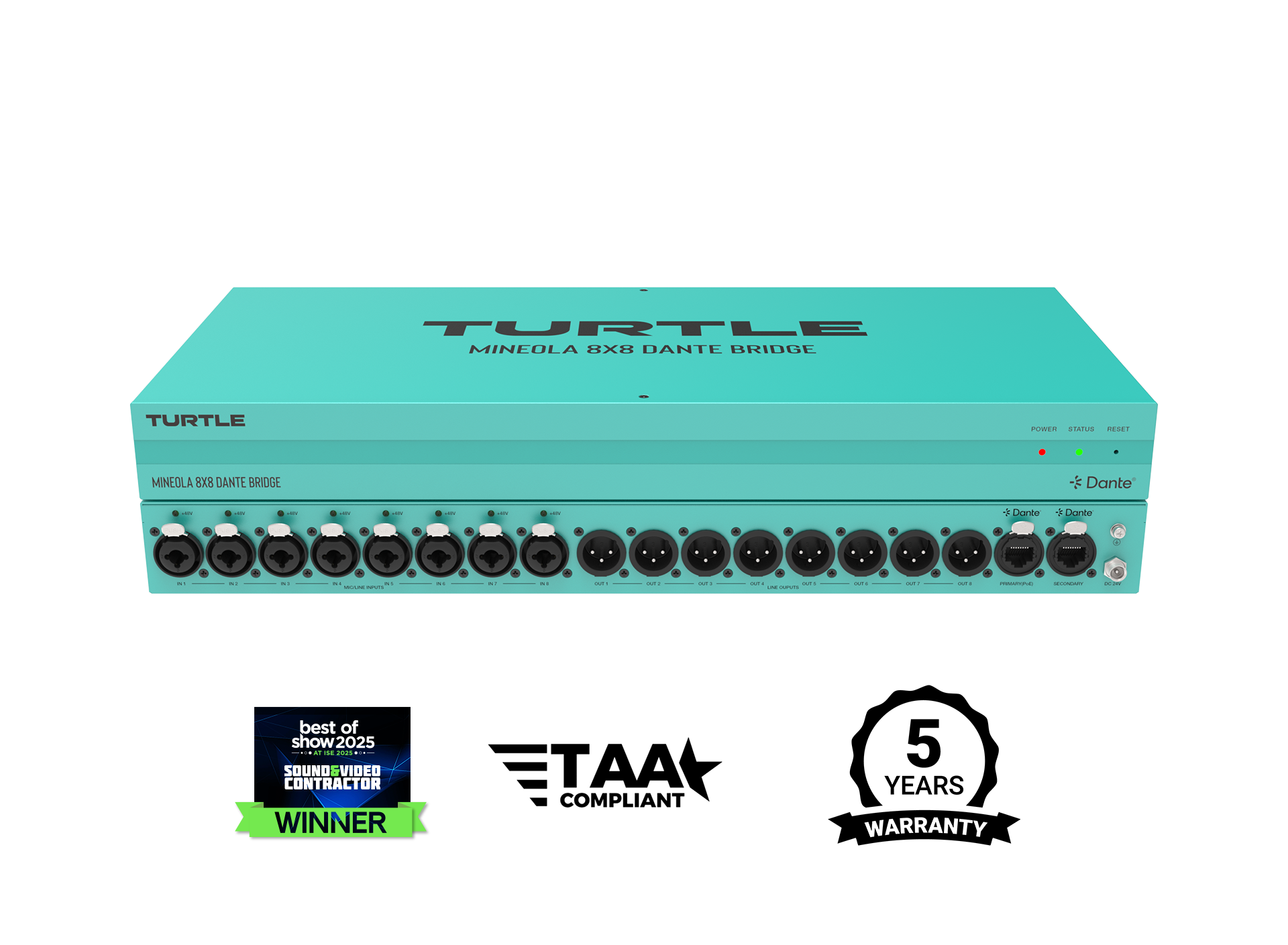 Teal audio equipment with multiple connectors on a white background, featuring the brand 'Turtle'.