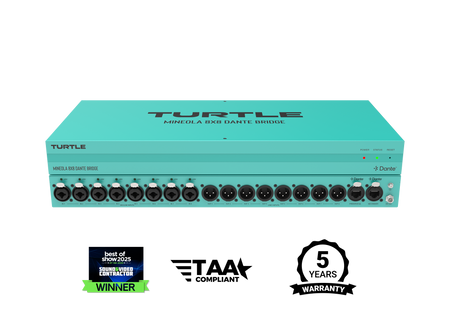Teal audio equipment with multiple connectors on a white background, featuring the brand 'Turtle'.