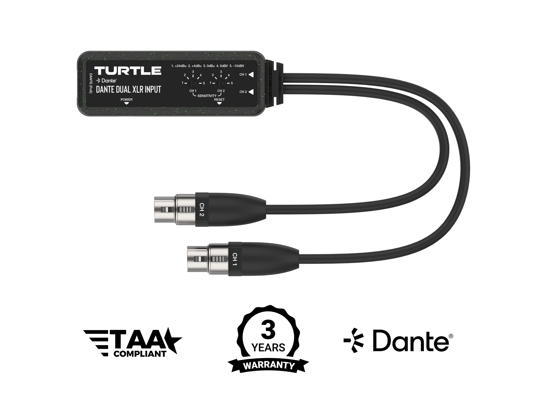 Turtle audio cable with dual XLR input on a white background