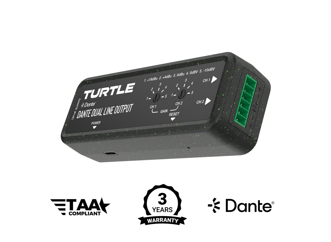 Turtle audio device with Dante compliance and warranty on a white background