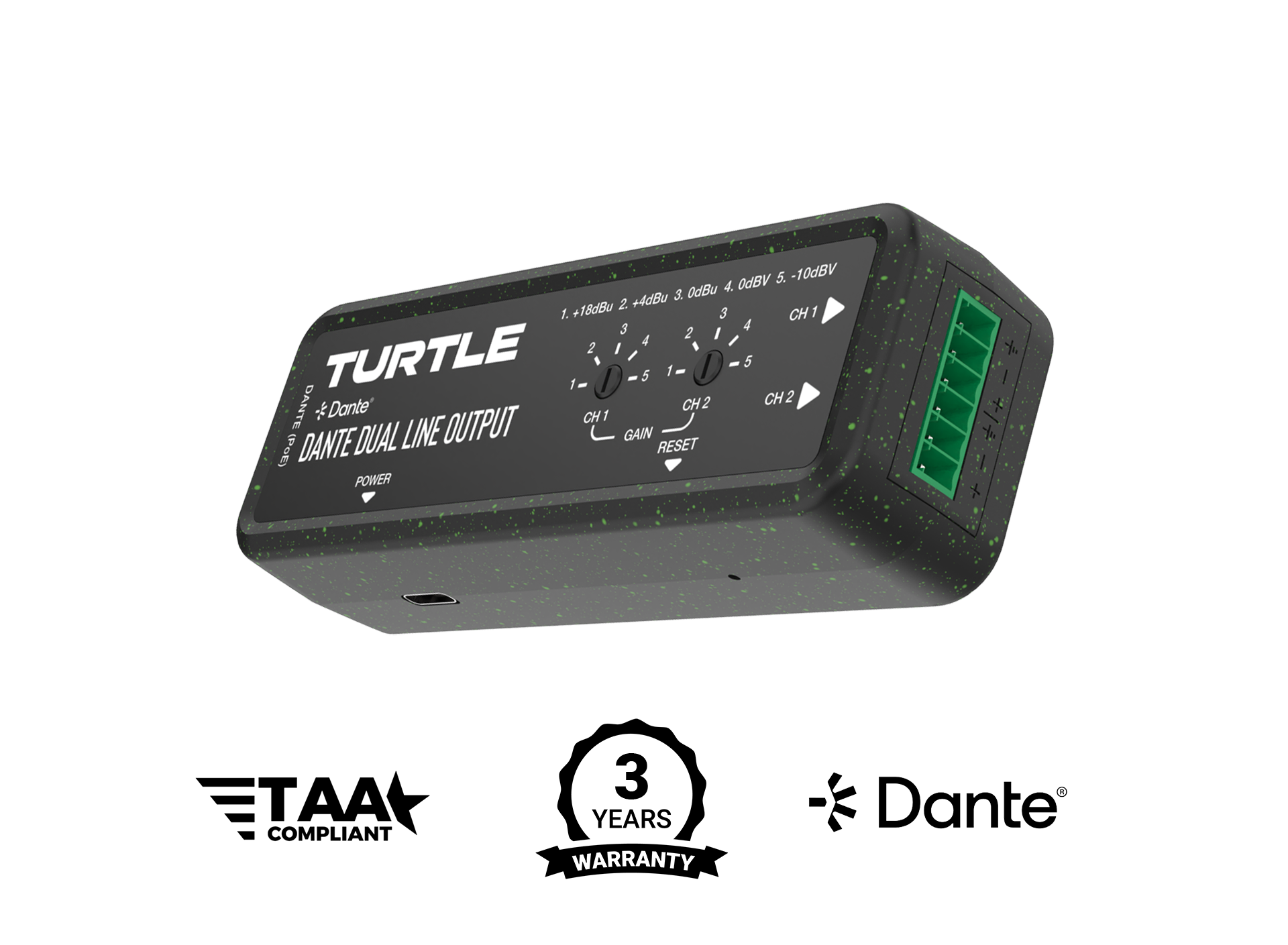 Turtle audio device with Dante compliance and warranty on a white background