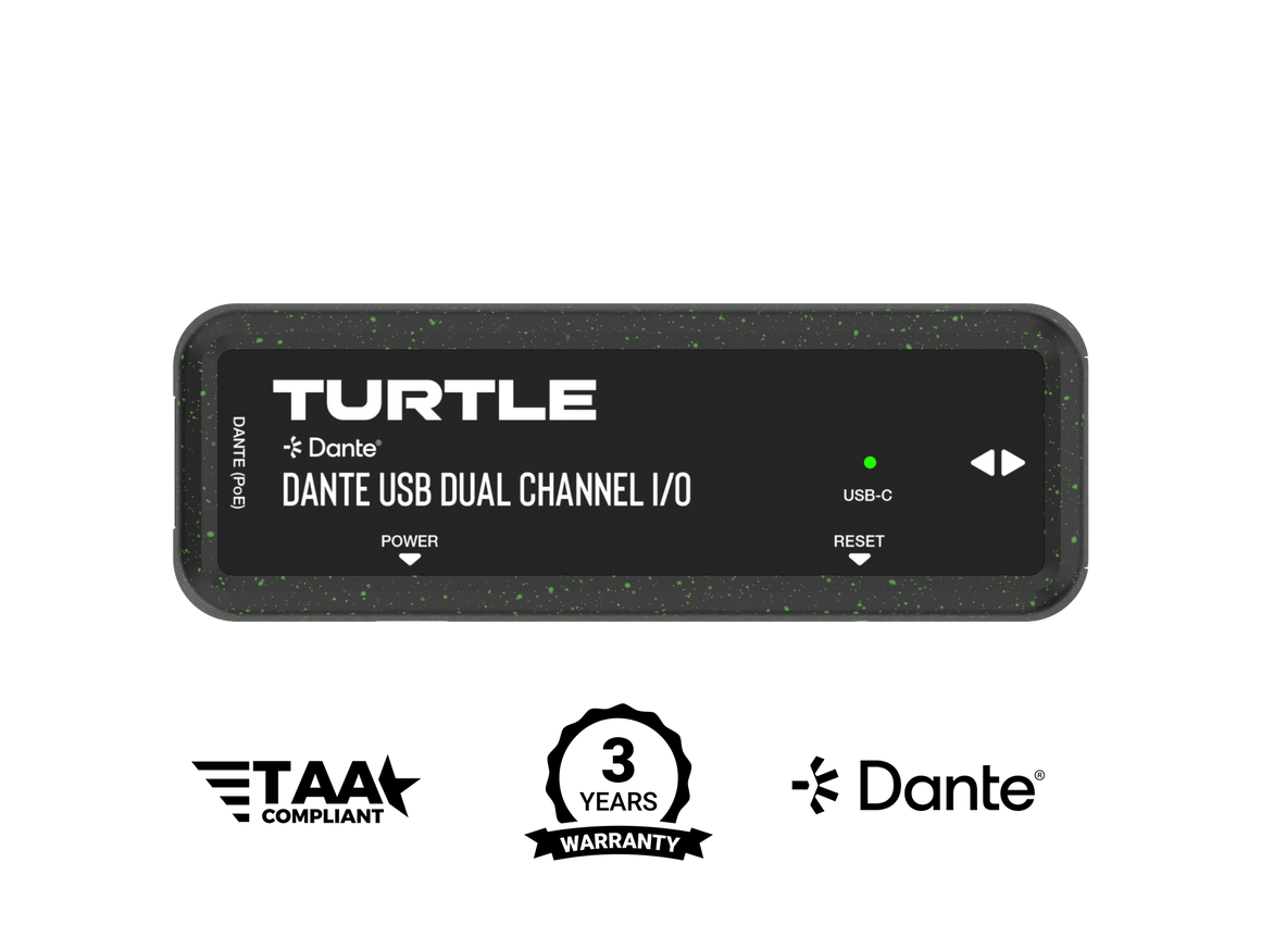 Turtle Dante USB Dual Channel I/O device with branding and certification logos on a white background