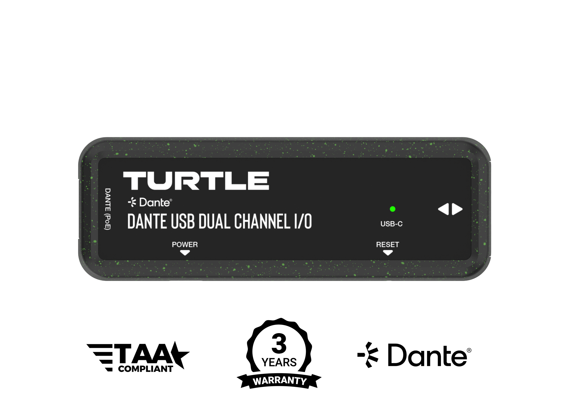 Turtle Dante USB Dual Channel I/O device with branding and certification logos on a white background