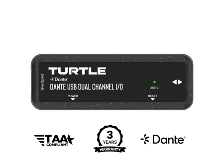 Turtle Dante USB Dual Channel I/O device with branding and certification logos on a white background