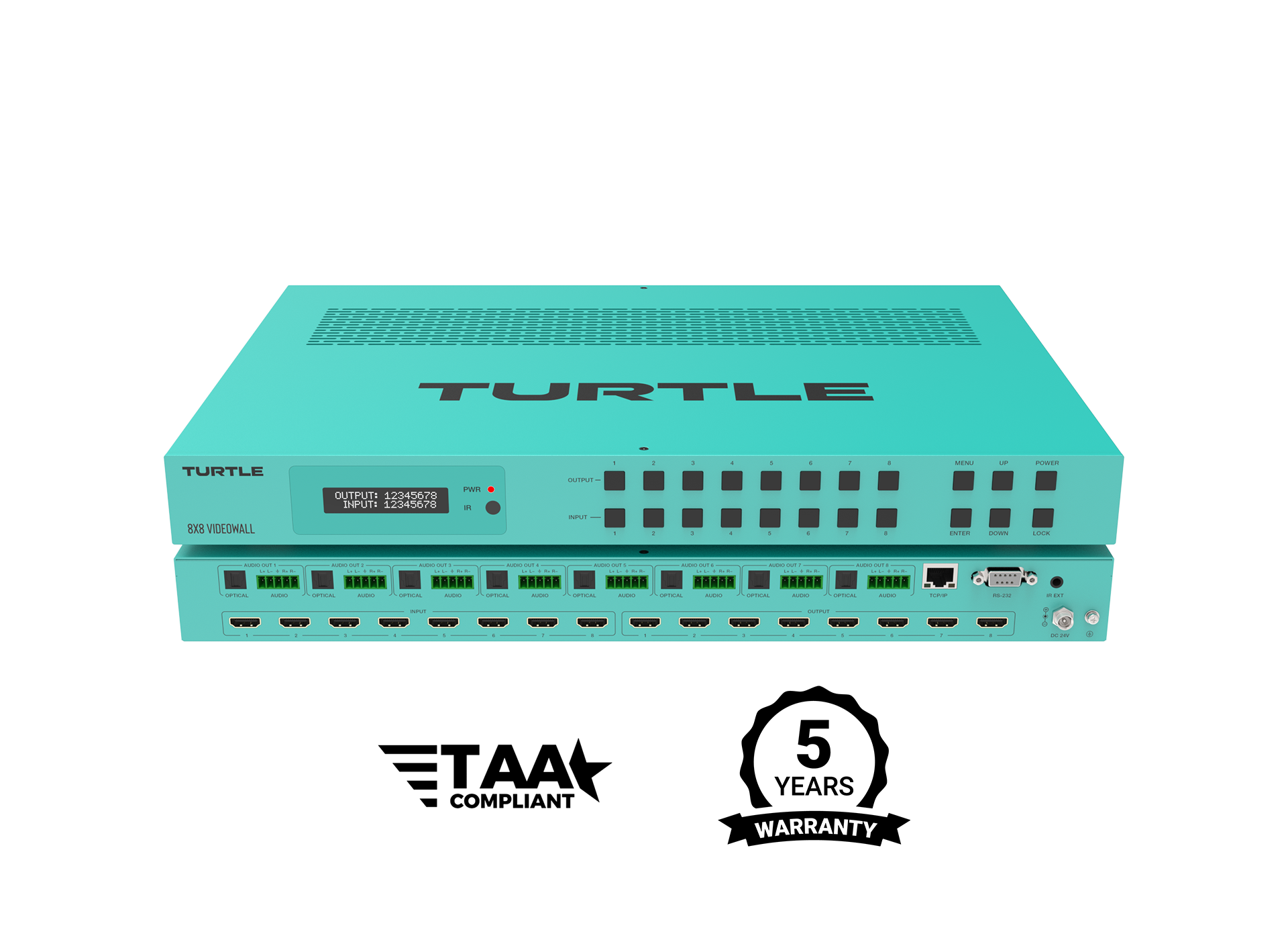 Teal electronic device with 'Turtle' branding on a white background, featuring TAA compliance and 5-year warranty logos.