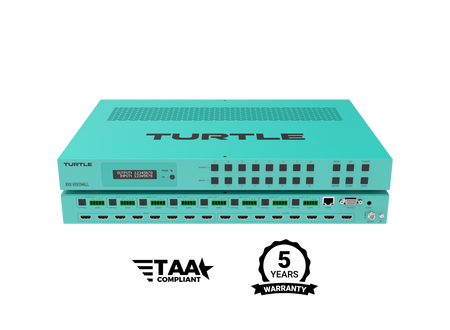 Teal electronic device with 'Turtle' branding on a white background, featuring TAA compliance and 5-year warranty logos.