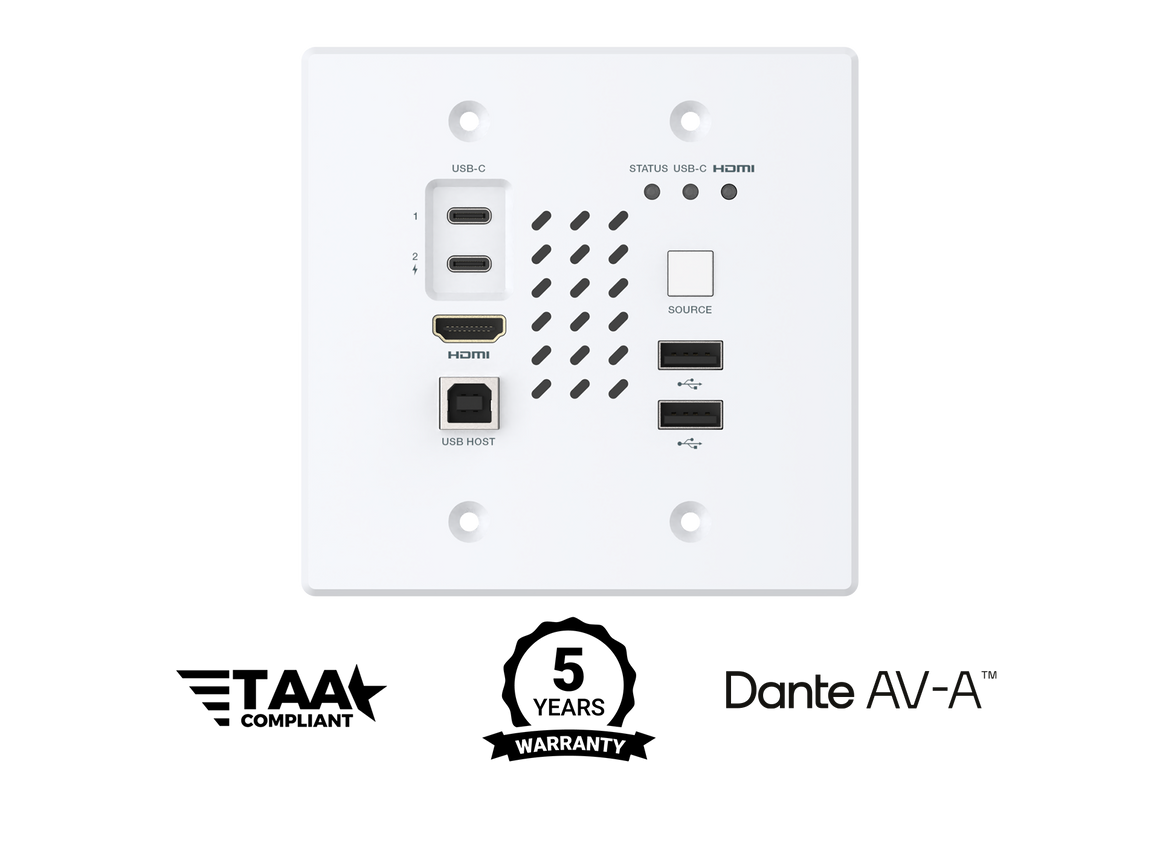 White wall plate with multiple ports and labels on a white background, featuring TAA compliant and Dante AV-A logos.