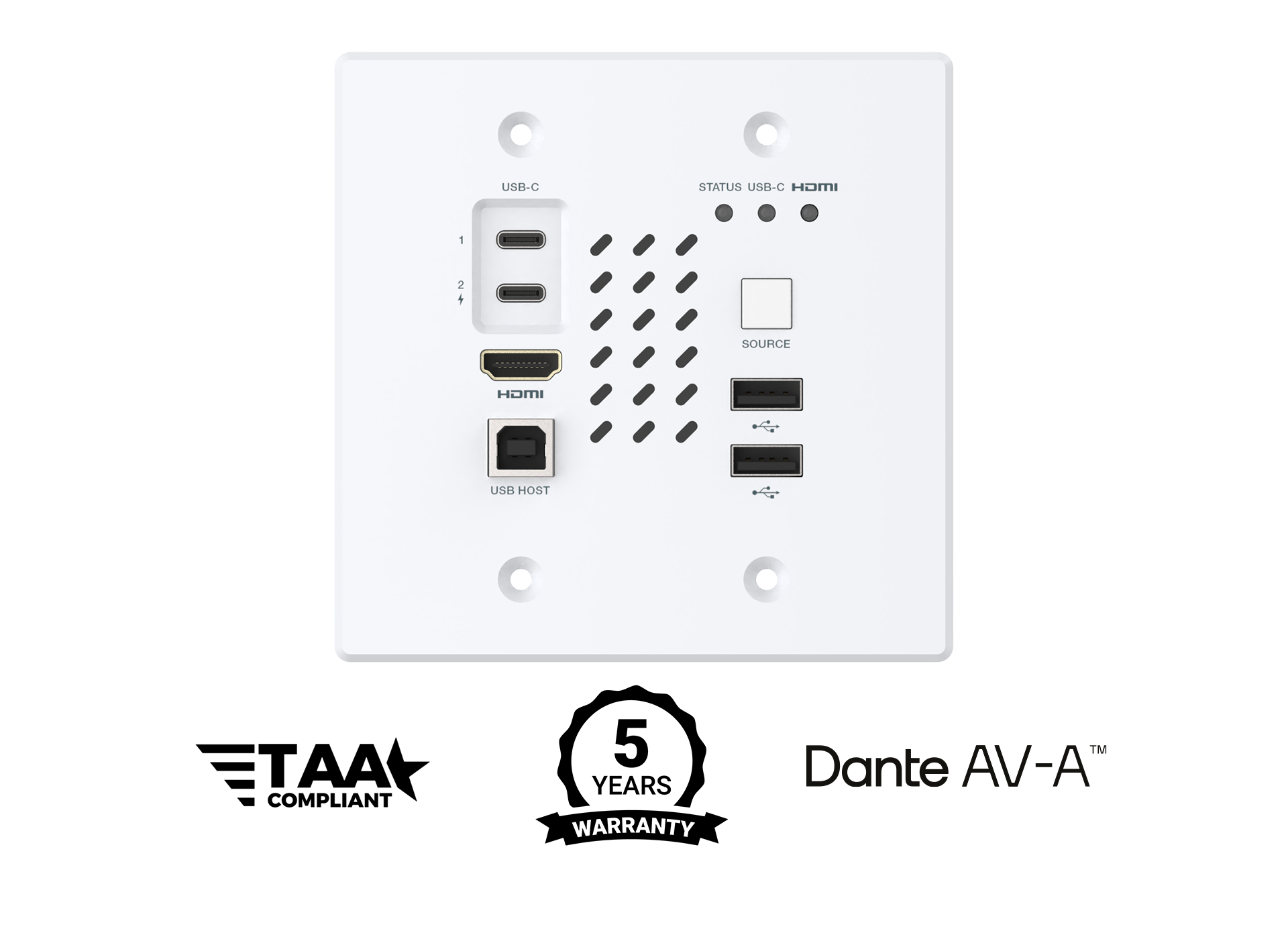 White wall plate with multiple ports and labels on a white background, featuring TAA compliant and Dante AV-A logos.