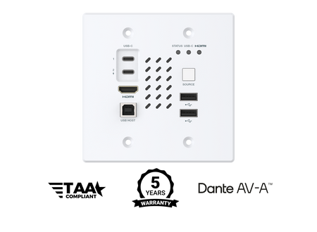 White wall plate with multiple ports and labels on a white background, featuring TAA compliant and Dante AV-A logos.