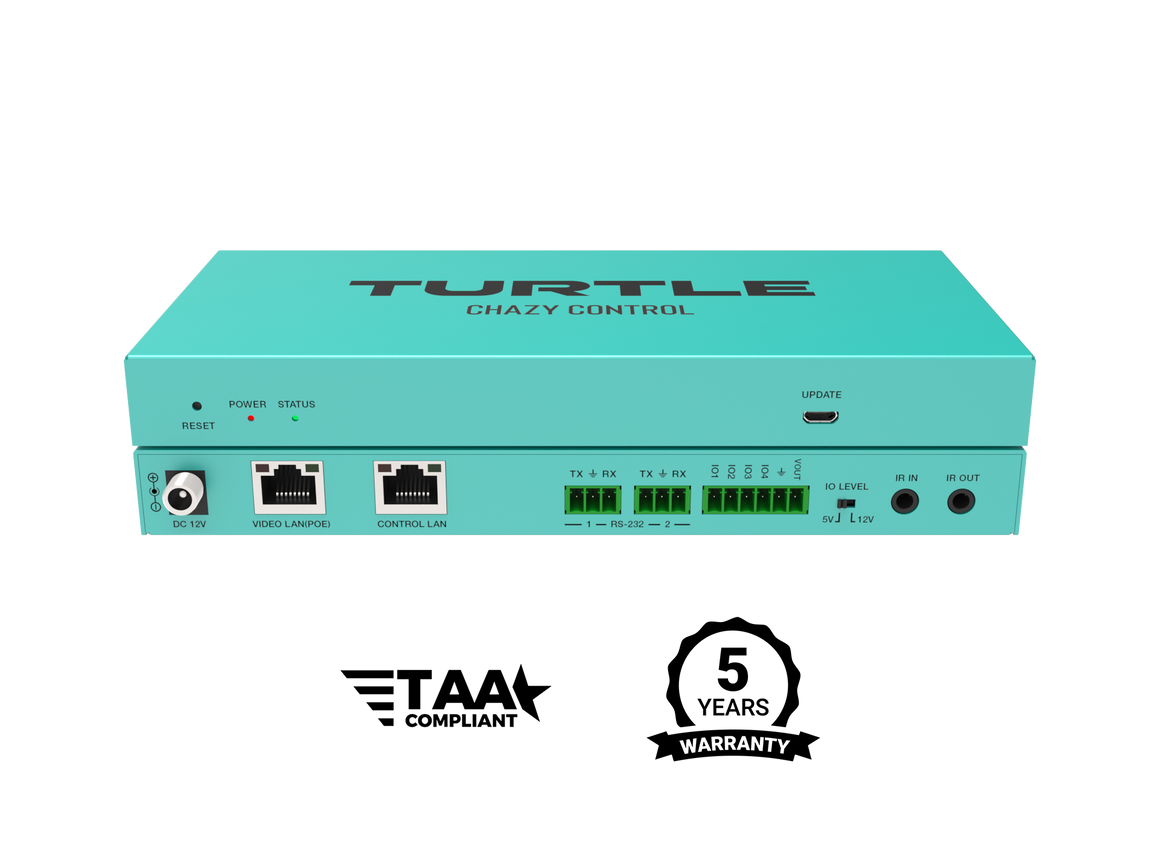 Turquoise electronic device with 'Turtle Chazy Control' branding on a white background, featuring TAA compliance and five-year warranty logos.