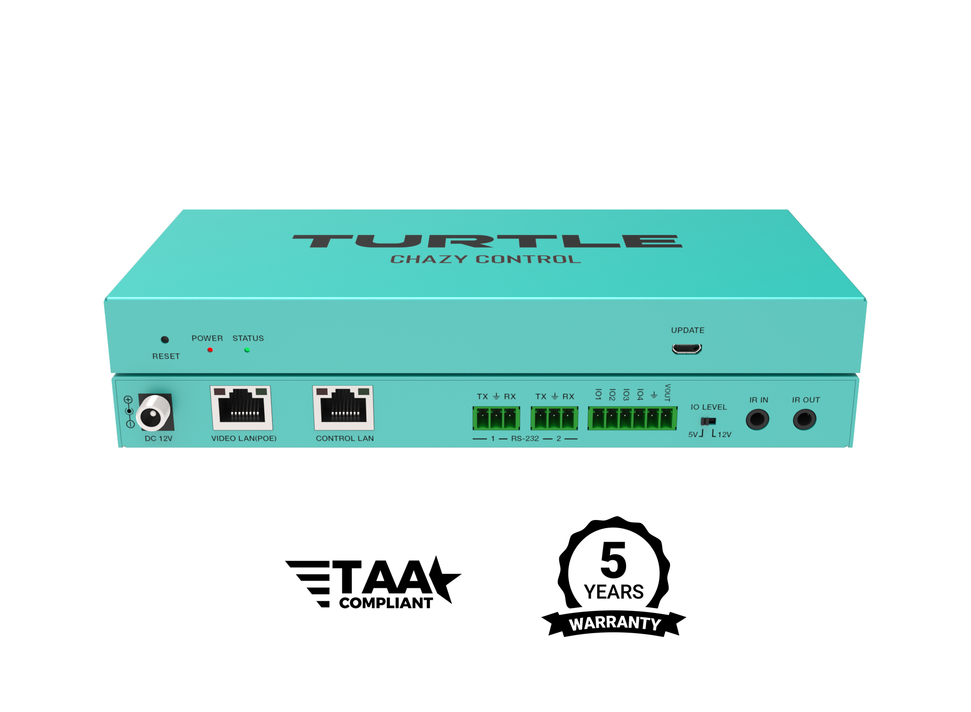 Turquoise electronic device with 'Turtle Chazy Control' branding on a white background, featuring TAA compliance and five-year warranty logos.