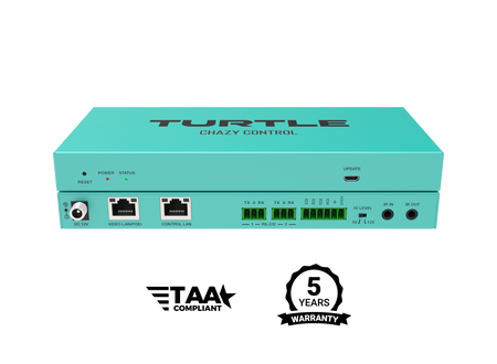 Turquoise electronic device with 'Turtle Chazy Control' branding on a white background, featuring TAA compliance and five-year warranty logos.