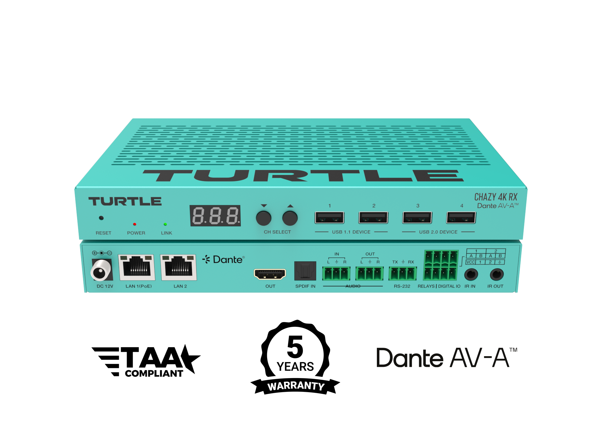 Turquoise electronic device with 'Turtle' branding on a white background