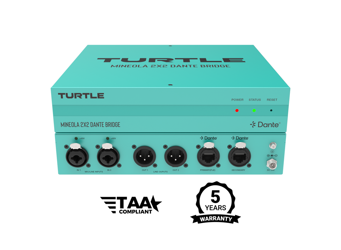 Turquoise audio device box with 'Turtle' branding and certification logos on a white background