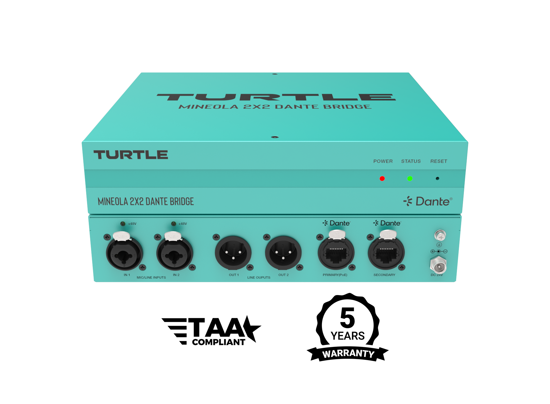 Turquoise audio device box with 'Turtle' branding and certification logos on a white background